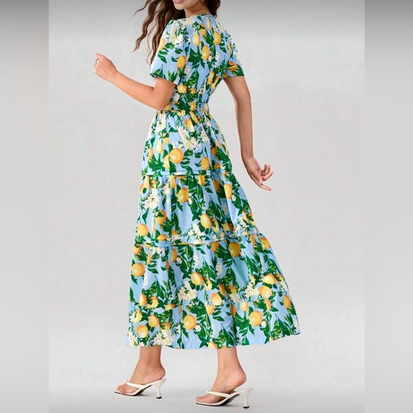 New- Women Floral Lemon Print Maxi Dress with Pockets - Medium - Picture 2 of 4